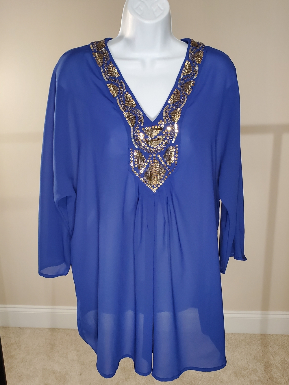 Peck & Peck Blue Beaded Sequin Sheer Tunic Top Size Large